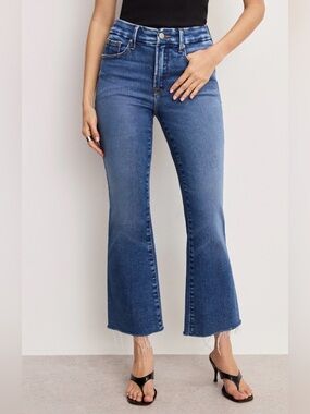 Good American Good Legs Crop Mini Boot Jeans Size 0 Blue High Rise Raw Hem